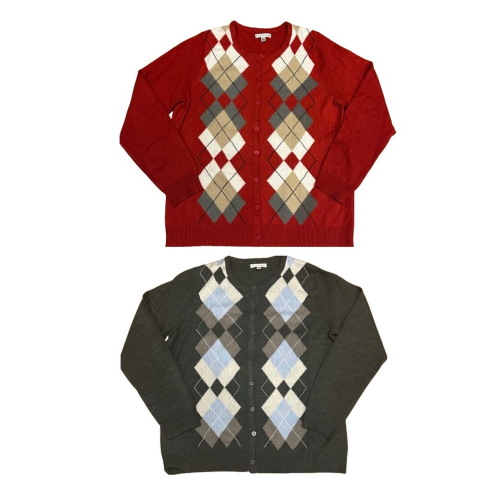Croft & Barrow 2for1 Bundle Women Gray/Red Argyle ButtonDown Cardigan Sweater L